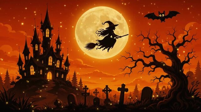 Halloween Witch Flying Broomstick Silhouette with Haunted Castle and Moon