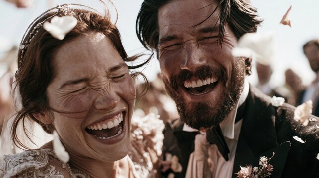 Joyous bride and groom laughing together at their outdoor wedding celebration with confetti and guests