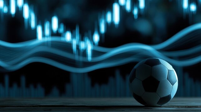 Soccer ball on dark surface with abstract blue financial chart data
