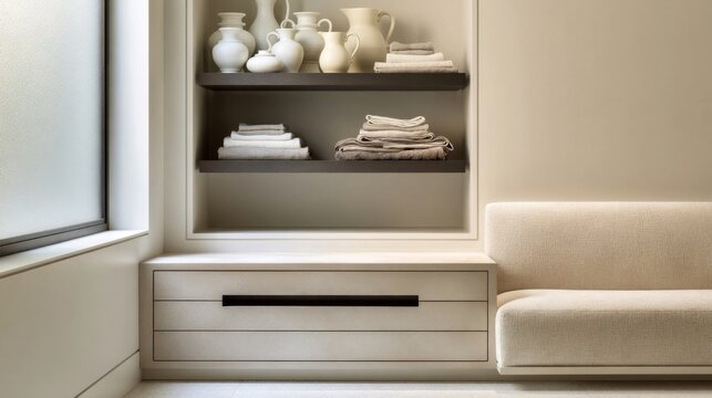 Beige living room corner with built-in shelving displaying vases and folded blankets above a storage drawer beside a cream sofa