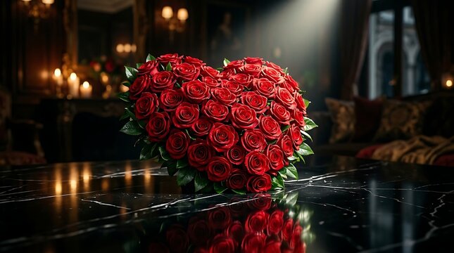 A beautiful heart shaped bouquet of red roses sitting on a dark marble table in a cozy room.