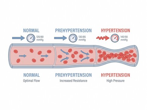 Medical diagram comparing normal blood pressure and hypertension