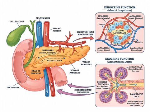 Medical diagram of human pancreas anatomy and glandular functions
