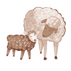 Cute sheep mother with little lamb, hand drawn textured farm animals family clipart isolated on transparent background © Liubov