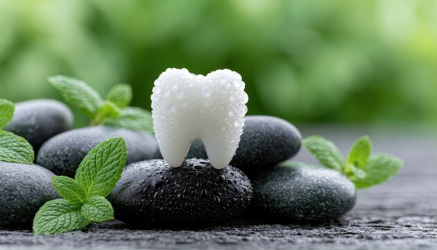 White tooth sculpture on black spa stones with mint leaves