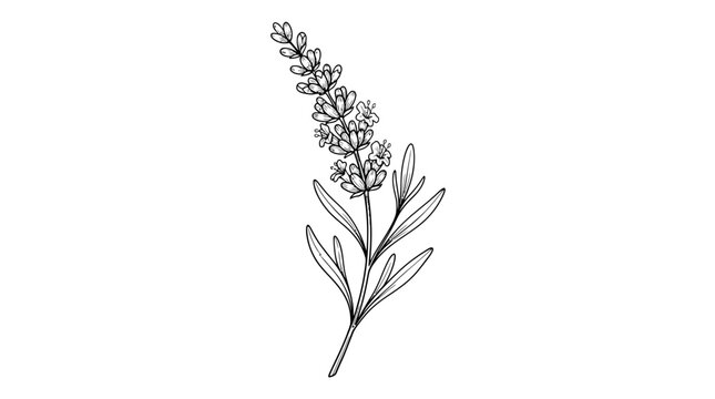 A delicate illustration of a lavender sprig, showcasing its slender stem and clustered florets. This botanical drawing captures the essence of the herb with intricate detail