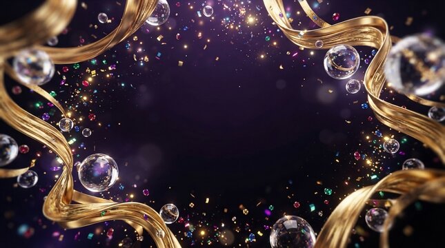 Golden ribbon swirls with confetti and bubbles celebration background