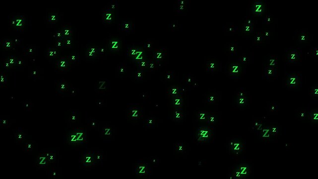 Abstract night sleep concept featuring glowing white letter Z symbols floating on a dark black background. Minimal sleep and bedtime visual representing rest, relaxation, insomnia, dreaming, nighttime