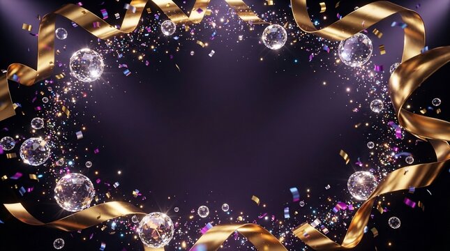 Sparkling celebration frame with golden ribbons and confetti