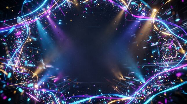 Vibrant light trails and confetti illuminate dark background with copy space