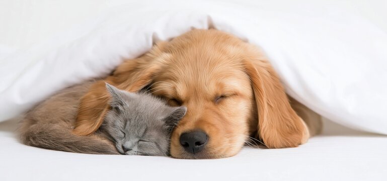 Puppy and kitten sleeping together in a cozy bed with a soft blanket as friends