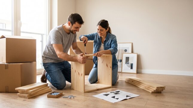 Couple Assembling Flat Pack Furniture Together in New Home with Moving Boxes and Instructions