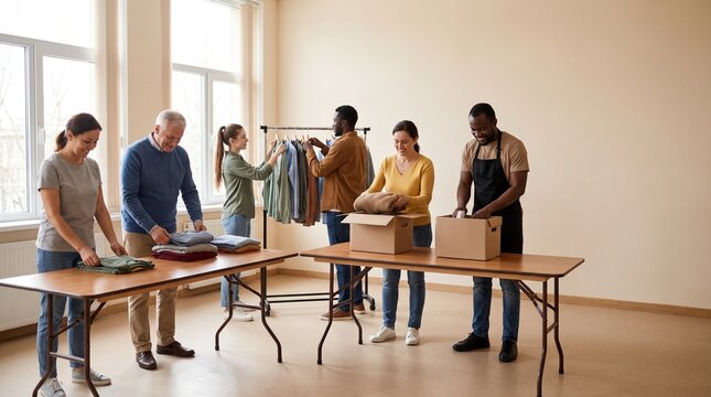 Diverse group of volunteers sorting and packing clothes for donation in a bright room