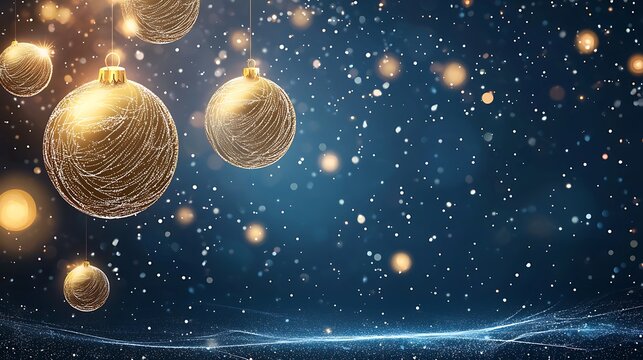 Golden Christmas Ornaments Shining on Elegant Blue Background
