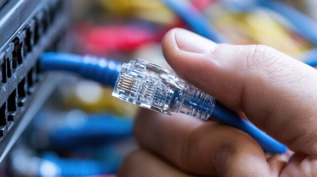 Hand inserting blue ethernet cable into server port