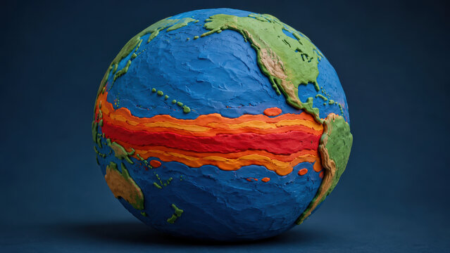 Sea surface temperature map of the Pacific Ocean showing a band of extreme warm water spreading along the equator towards South America