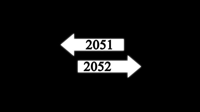 Minimal year transition concept showing directional arrows from 2051 to 2052 on a black background. Represents new year, future planning, timeline, change, progress, transition, goals, business growth