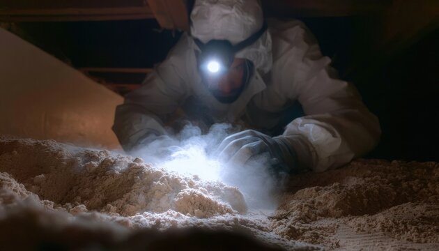 Worker in protective gear using flashlight in dim crawl space above insulation