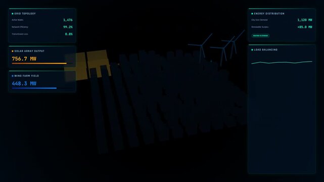 Smart Microgrid Dashboard: A futuristic digital animation displaying a glowing blue user interface with real-time telemetry data on solar array output, wind farm yield, and energy distribution against