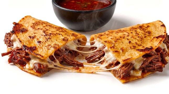 Two crispy birria quesadillas with melted cheese and a side of consomme.