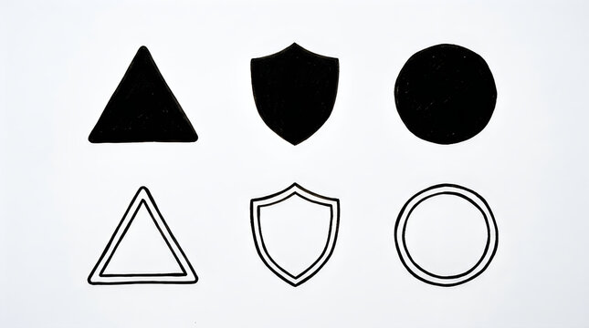 Black and white filled outline triangle shield circle icons