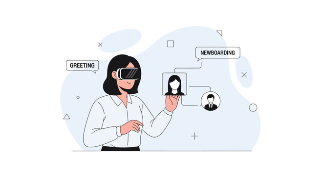 Woman in VR headset uses virtual reality for onboarding and team connection, representing future of work and HR