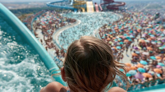 Young girl looking down a crowded waterpark from the top of a bright blue waterslide