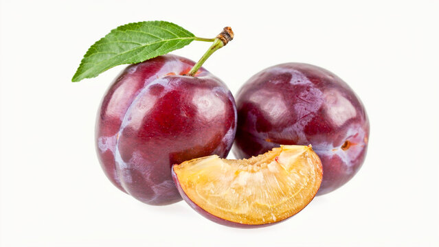 Fresh ripe plums with a green leaf and a sliced piece isolated on white background