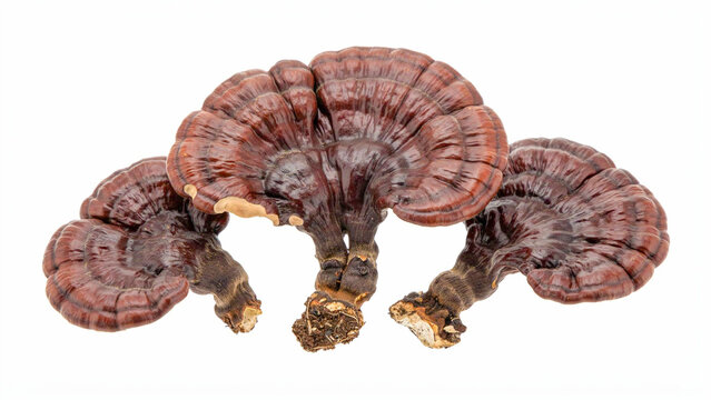 A visually striking studio photograph showcases a cluster of reishi mushrooms, known for their glossy, lacquered appearance and unique fan-like shape, isolated against a clean white background