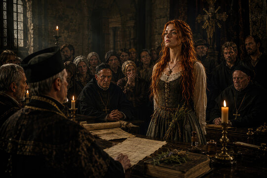 Medieval witch trial in a dark church courtroom with accused woman, clergy and candlelit gothic atmosphere