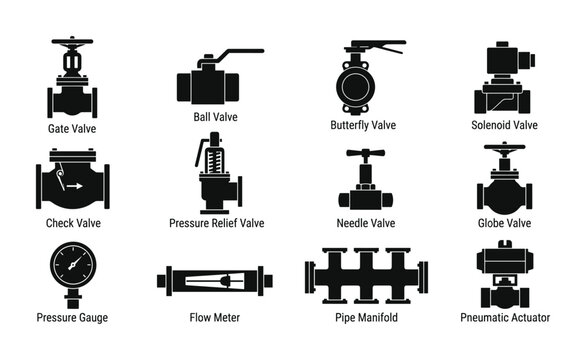 Industrial valves and gauges for fluid control systems schematic.
