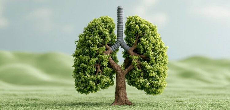 Lung-shaped tree sculpture in green landscape
