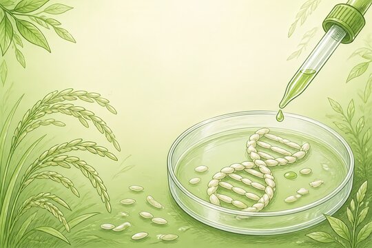 Paddy rice research in petri dish with pipette illustration