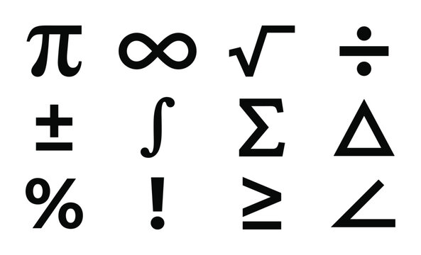 Mathematics symbols including pi, infinity, square root for education.