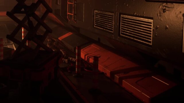 Workers are present in a factory environment with various tools and machinery. The scene shows parts on a workbench under bright lights in a bustling area.
