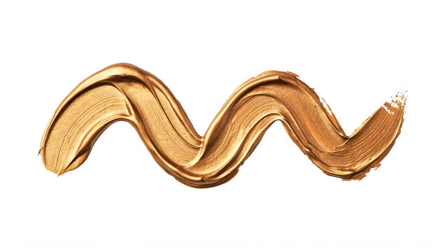 A thick wavy stroke of golden bronze liquid cosmetic foundation or shimmering metallic acrylic paint on a white background
