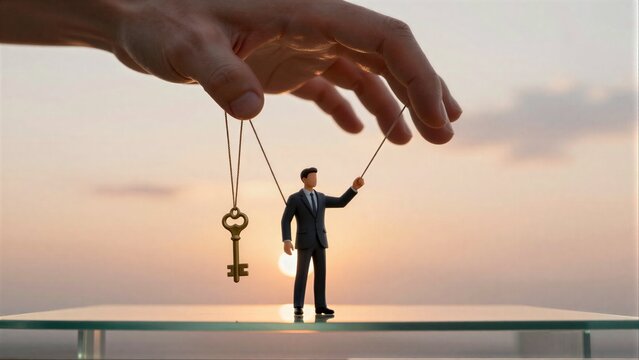 Hand controls miniature businessman with key, symbolizing power and decision-making.
