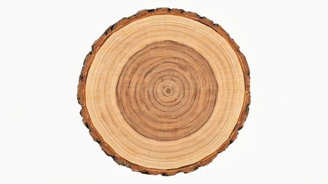 Detailed view of a natural tree trunk cross-section, showcasing distinct annual growth rings and the rustic texture of the bark, symbolizing organic growth and the passage of time