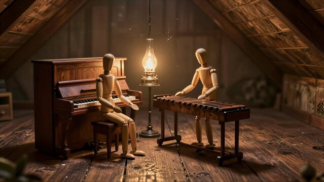 Wooden figures play piano and xylophone under warm lantern light in attic.