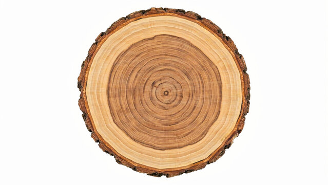 Detailed top-down studio shot of a natural wood cross-section featuring distinct annual growth rings and bark texture isolated on white background