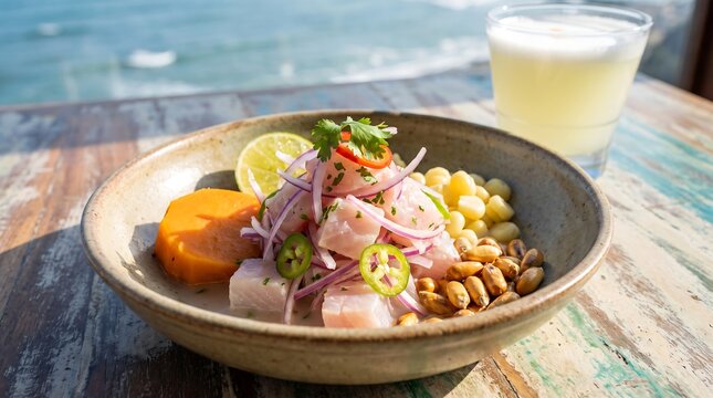 Fresh Peruvian ceviche served in a bowl with pisco sour cocktail by the ocean.