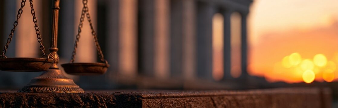 Bronze scales of justice in front of a classical courthouse at sunset
