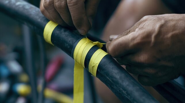 Muscular hands wrapping yellow tape around a metal bar for grip