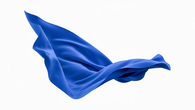 A dynamic blue fabric sheet flowing through the air against a clean white background capturing elegant silk motion and fluid textile movement