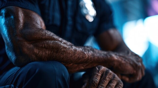 Muscular male arms with intricate tattoos wearing a dark t-shirt