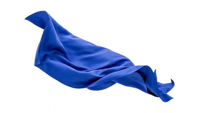 A vibrant royal blue fabric cloth fluttering gracefully in the air against a clean white background