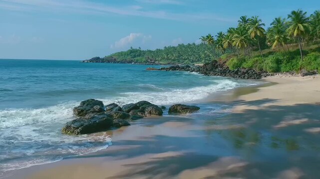 Summer hot vibe lifestyle. A vivid portrayal of a tropical beach scene. The main subject is a sandy beach with gentle waves crashing onto the rocky shore. The waves are white and frothy.
