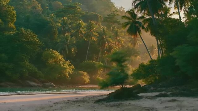 Summer hot vibe lifestyle. A vivid portrayal of a tropical beach at sunset. The sun casts a warm, golden light over the scene, creating a dappled effect on the sand and water.