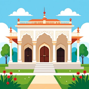 Colorful cartoon illustration of a mosque with domes and minarets.