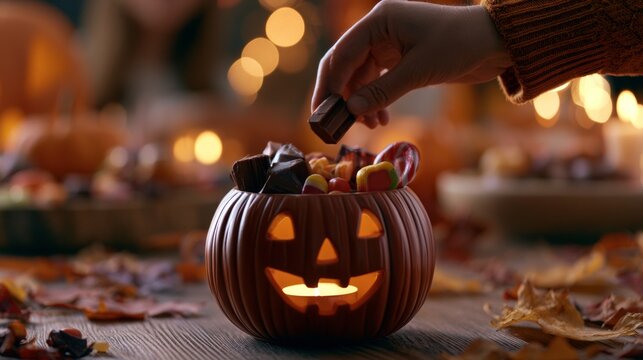 Halloween pumpkin filled with candy